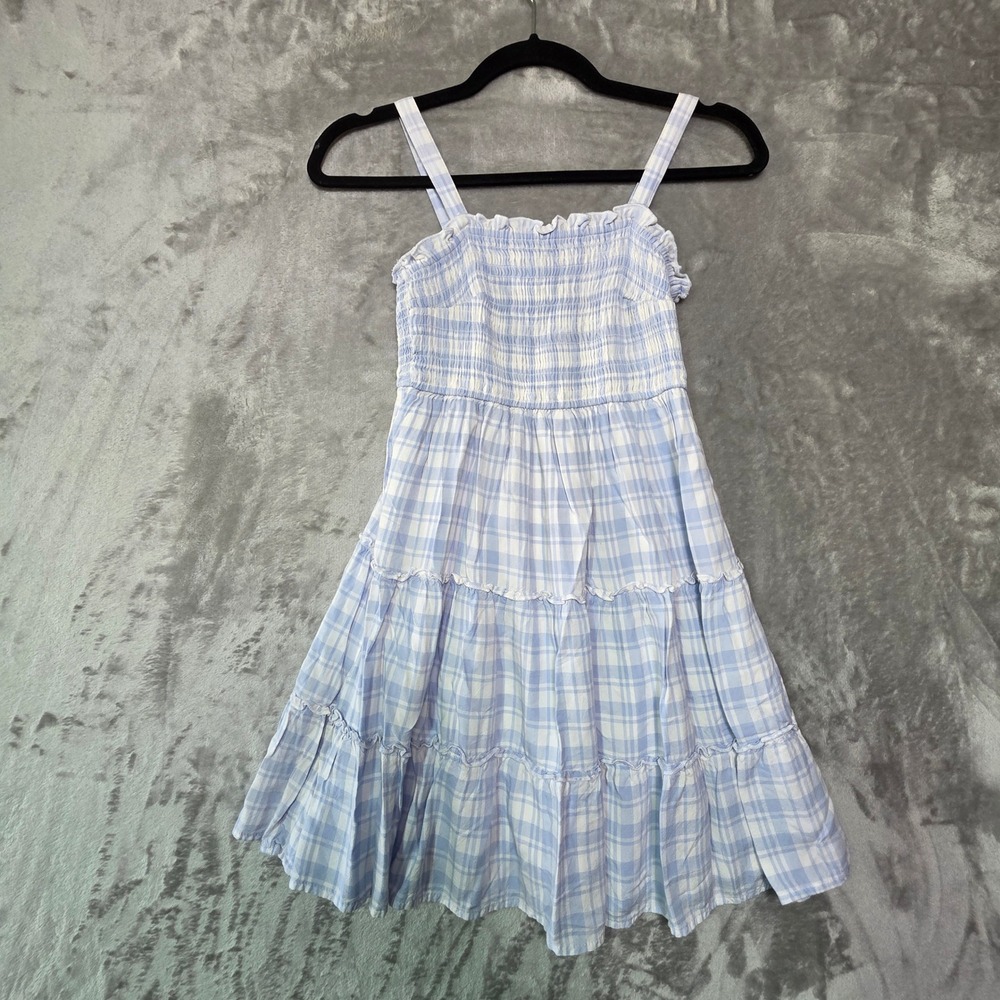 Hollister California Girls Blue White Plaid Smocked Tiered Dress XS Regular